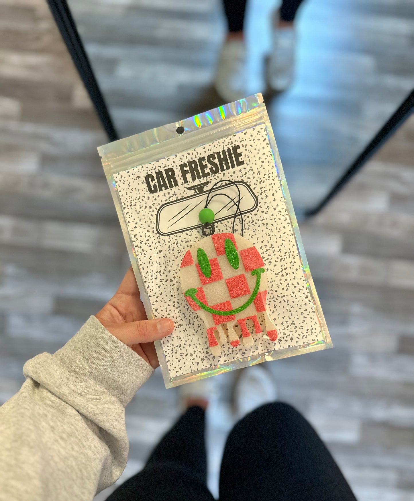 Checkered Drip Smiley (Coral + Green) || Car Freshie