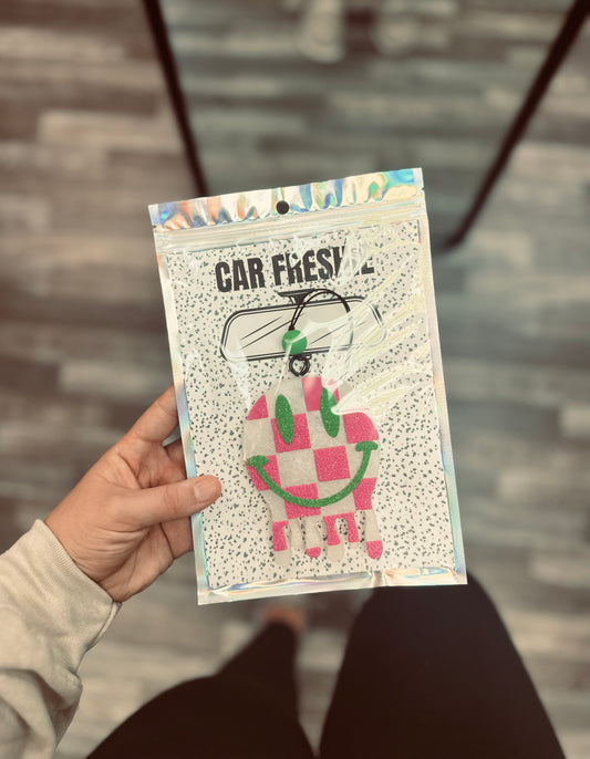 Checkered Drip Smiley (Pink + Green) || Car Freshie