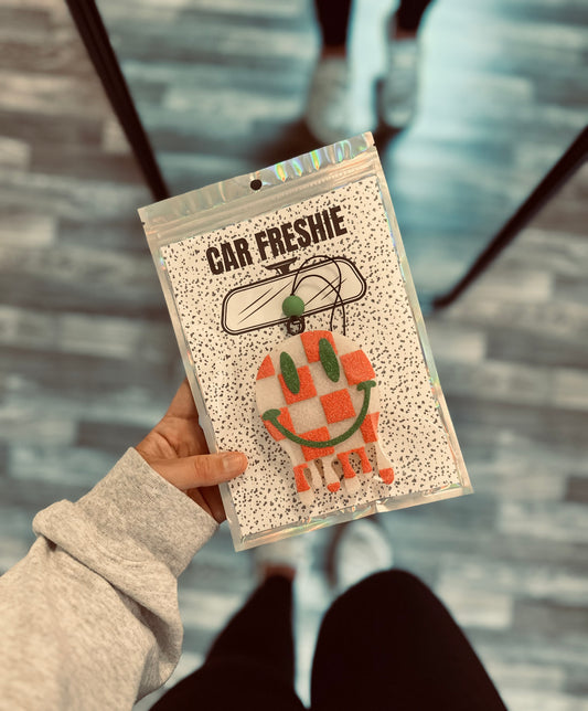 Checkered Drip Smiley (Coral + Green) || Car Freshie