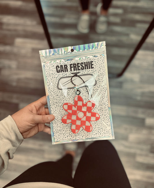 Checkered Flower (Coral) || Car Freshie