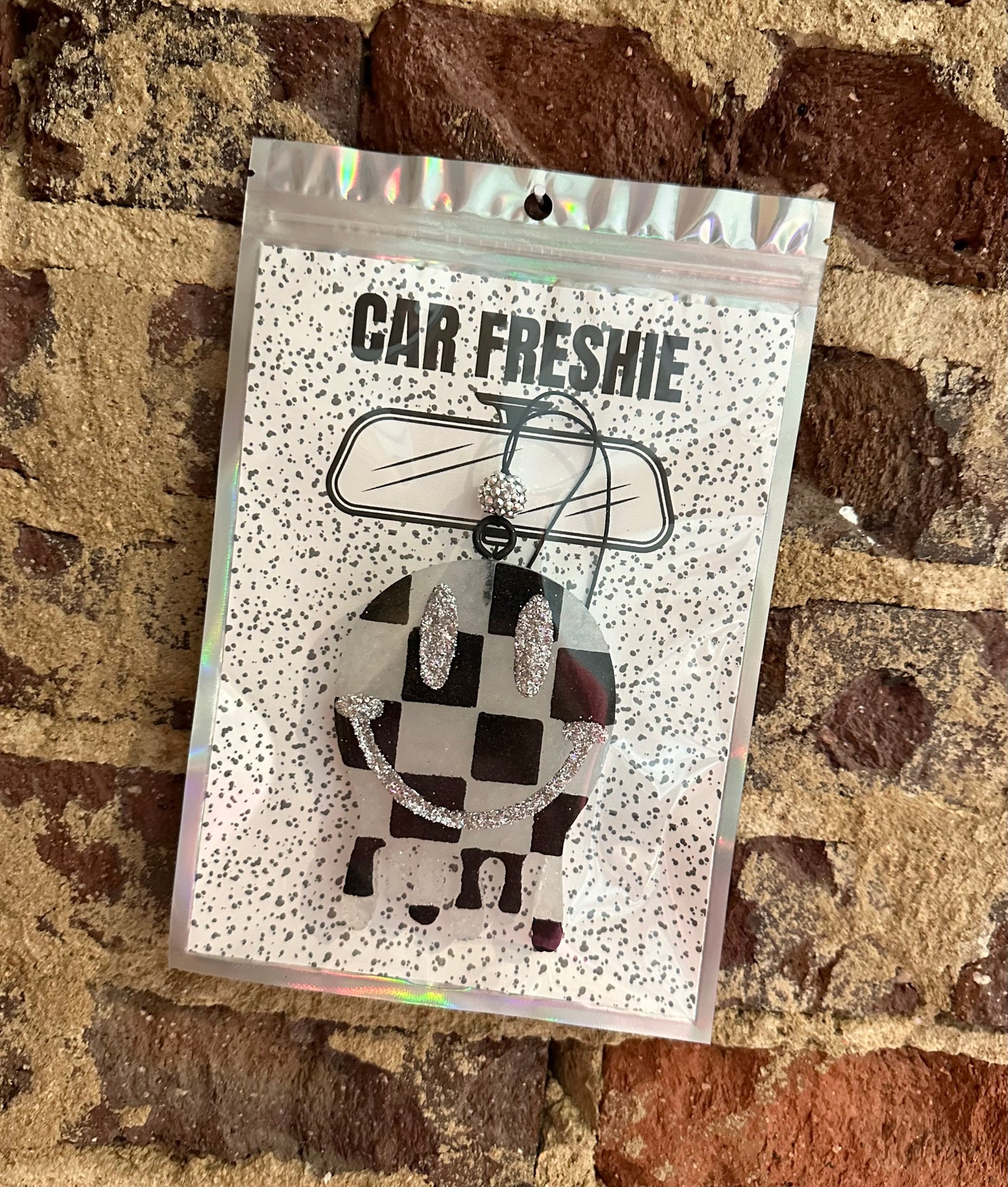 PREORDER : Checkered Smiley (Black + Silver) || Car Freshie