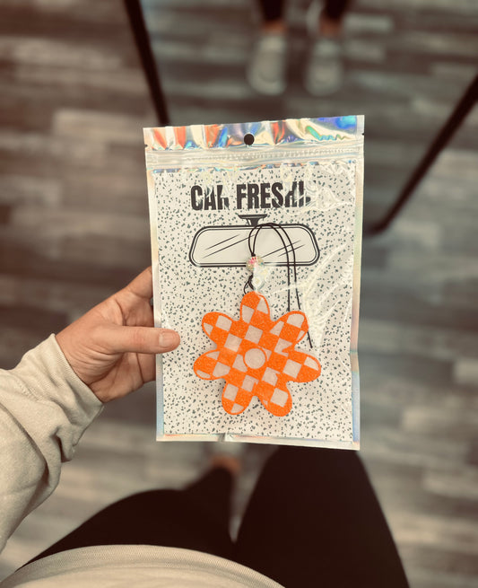 Checkered Flower (Orange) || Car Freshie